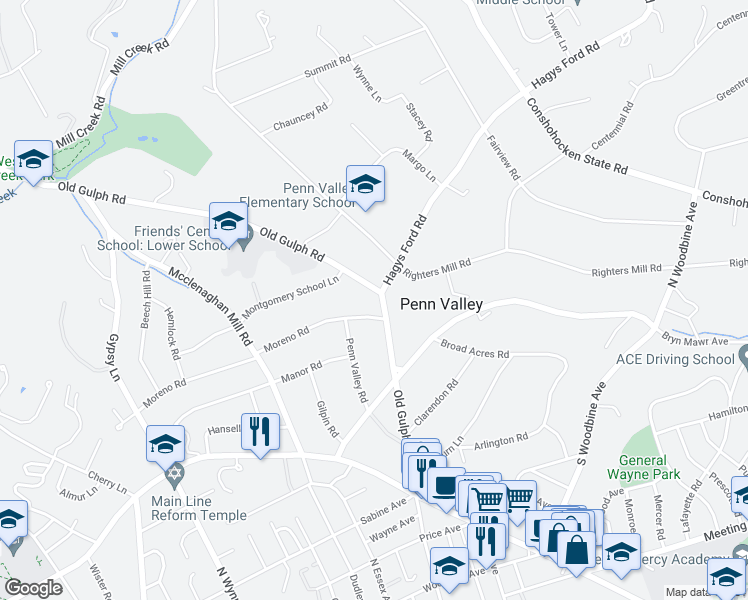 map of restaurants, bars, coffee shops, grocery stores, and more near 404 Old Gulph Road in Penn Valley