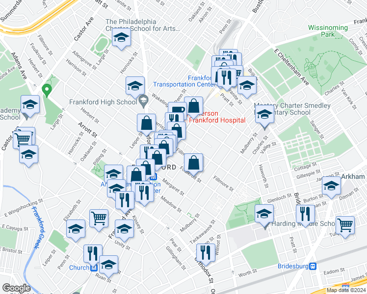 map of restaurants, bars, coffee shops, grocery stores, and more near 1600 Harrison Street in Philadelphia
