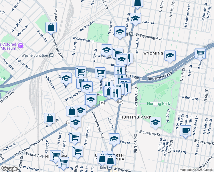 map of restaurants, bars, coffee shops, grocery stores, and more near 4246 North Hicks Street in Philadelphia
