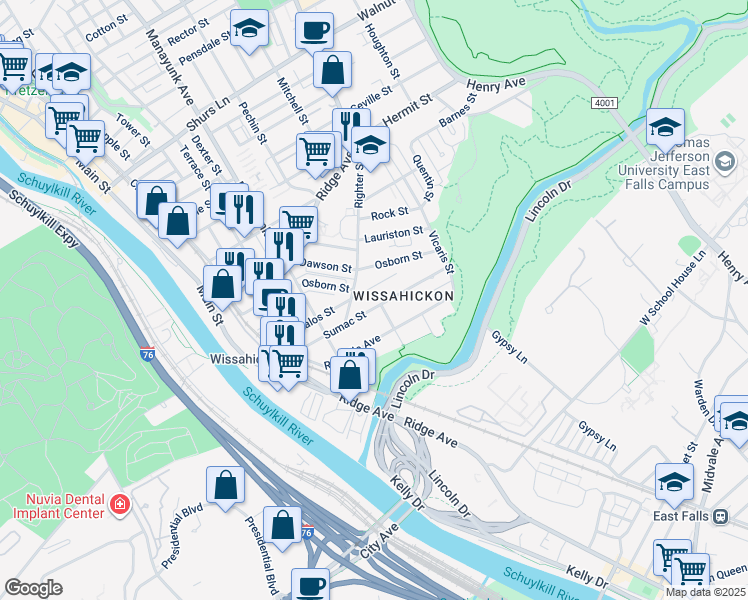 map of restaurants, bars, coffee shops, grocery stores, and more near 165 Sumac Street in Philadelphia