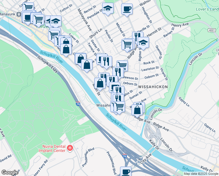 map of restaurants, bars, coffee shops, grocery stores, and more near 126 Vassar Street in Philadelphia