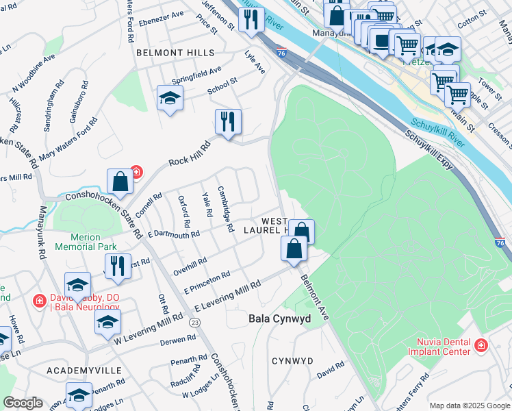 map of restaurants, bars, coffee shops, grocery stores, and more near 635 Fordham Road in Bala Cynwyd