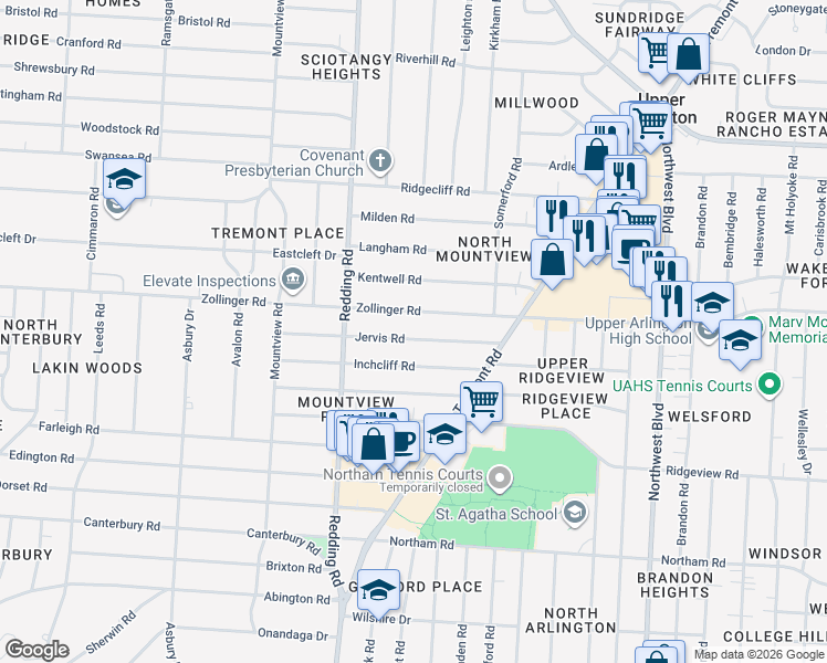 map of restaurants, bars, coffee shops, grocery stores, and more near 2040 Jervis Road in Upper Arlington