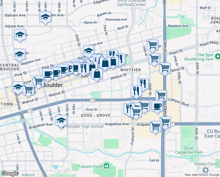 map of restaurants, bars, coffee shops, grocery stores, and more near 1837 22nd Street in Boulder