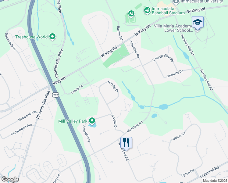 map of restaurants, bars, coffee shops, grocery stores, and more near 1329 North Tulip Drive in West Chester