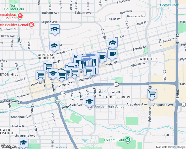 map of restaurants, bars, coffee shops, grocery stores, and more near 1707 Walnut Street in Boulder
