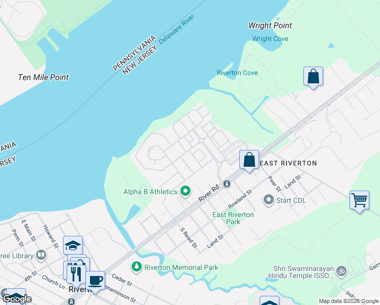 map of restaurants, bars, coffee shops, grocery stores, and more near 198 Camelot Court in Cinnaminson