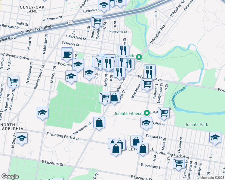 map of restaurants, bars, coffee shops, grocery stores, and more near 4555 D Street in Philadelphia