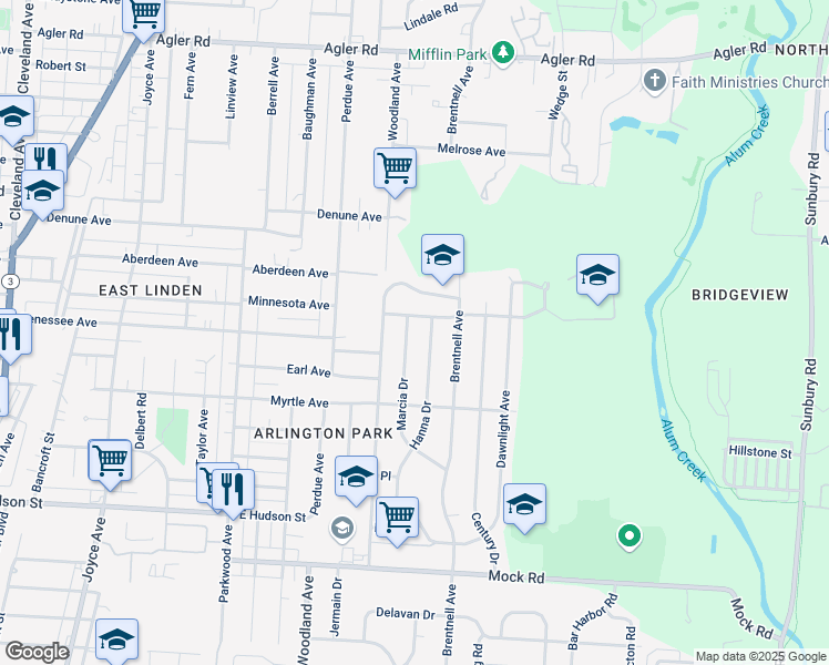 map of restaurants, bars, coffee shops, grocery stores, and more near 2427 Marcia Drive in Columbus
