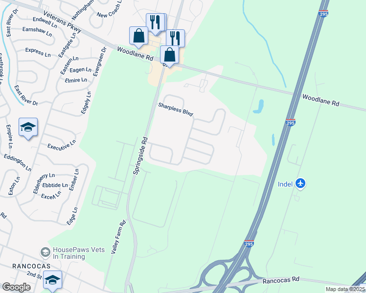 map of restaurants, bars, coffee shops, grocery stores, and more near 96 Sharpless Boulevard in Westampton