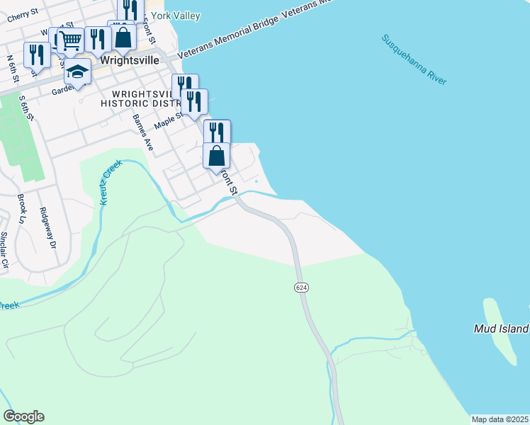 map of restaurants, bars, coffee shops, grocery stores, and more near 751 South Front Street in Wrightsville