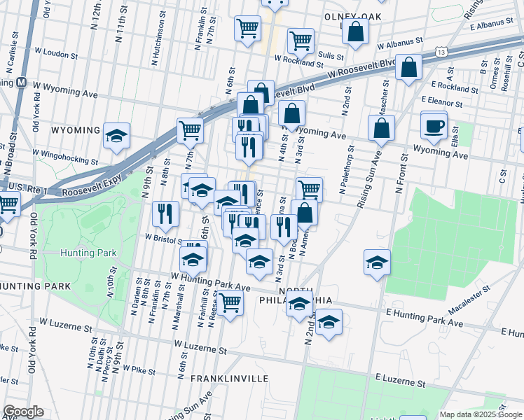 map of restaurants, bars, coffee shops, grocery stores, and more near 4415 North Lawrence Street in Philadelphia