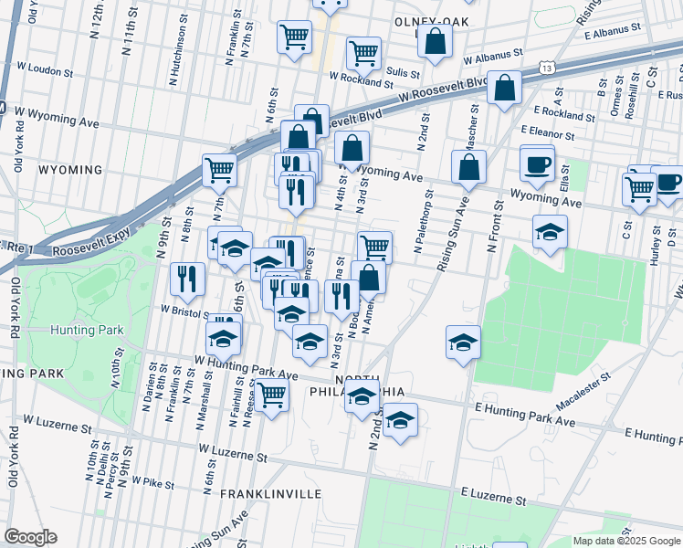 map of restaurants, bars, coffee shops, grocery stores, and more near 4435 North Orianna Street in Philadelphia