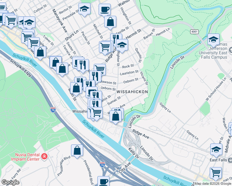 map of restaurants, bars, coffee shops, grocery stores, and more near Righter St & Kalos St in Philadelphia