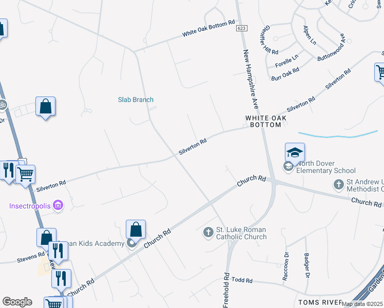 map of restaurants, bars, coffee shops, grocery stores, and more near 1329 Silverton Road in Toms River