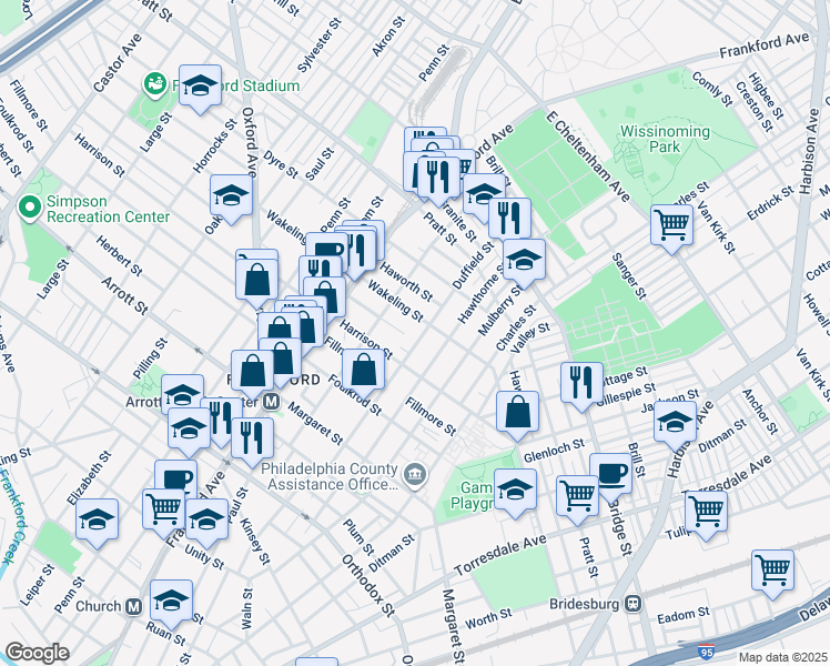 map of restaurants, bars, coffee shops, grocery stores, and more near 4942 Duffield Street in Philadelphia