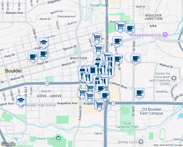 map of restaurants, bars, coffee shops, grocery stores, and more near 1853 26th Street in Boulder