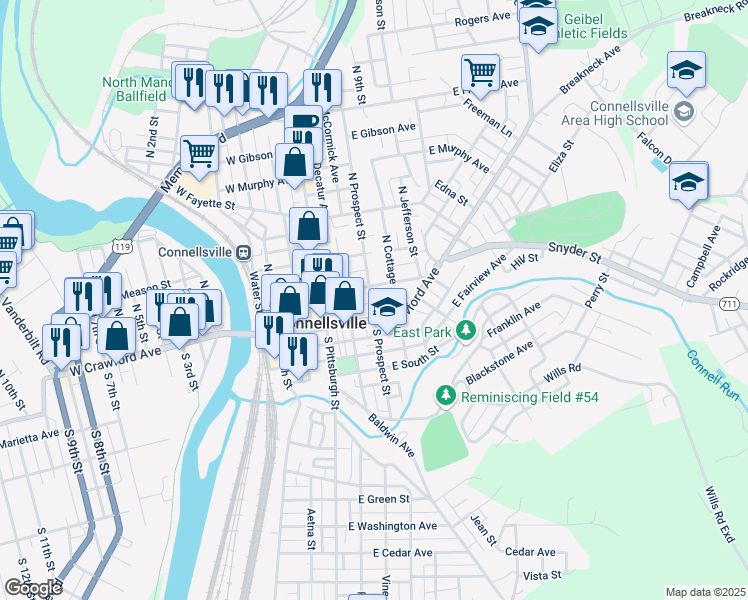 map of restaurants, bars, coffee shops, grocery stores, and more near 9 North Prospect Street in Connellsville