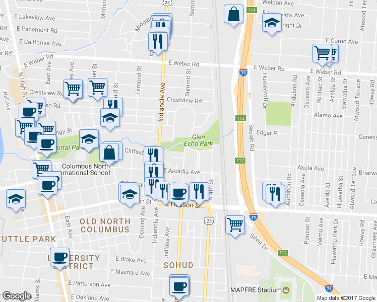 map of restaurants, bars, coffee shops, grocery stores, and more near 469 Cliffside Drive in Columbus