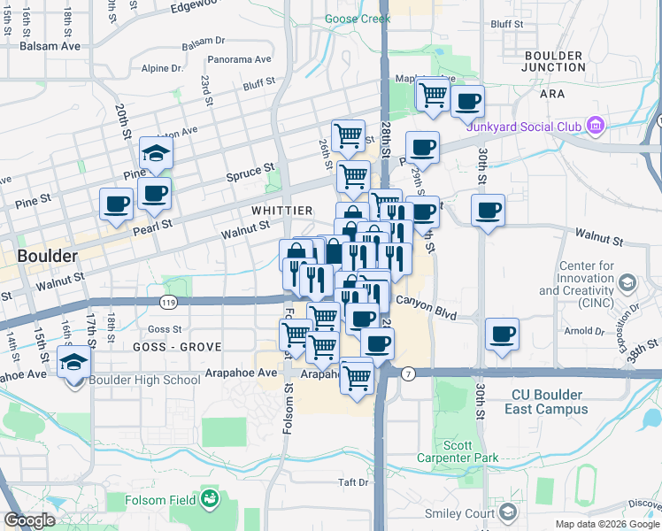 map of restaurants, bars, coffee shops, grocery stores, and more near 1853 26th Street in Boulder