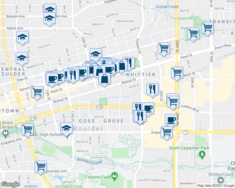 map of restaurants, bars, coffee shops, grocery stores, and more near 2175 South Walnut Street in Boulder