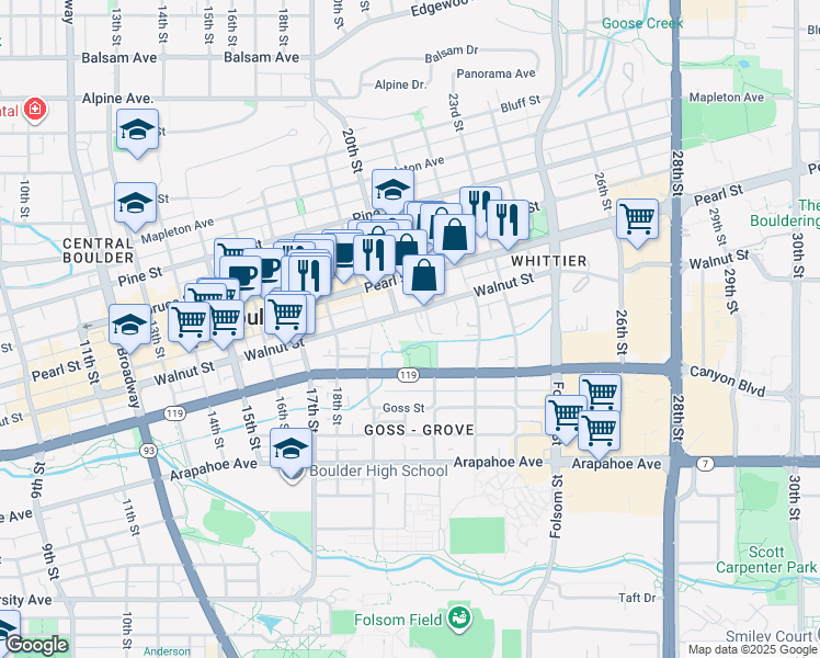 map of restaurants, bars, coffee shops, grocery stores, and more near 1803 Walnut Hollow Lane in Boulder