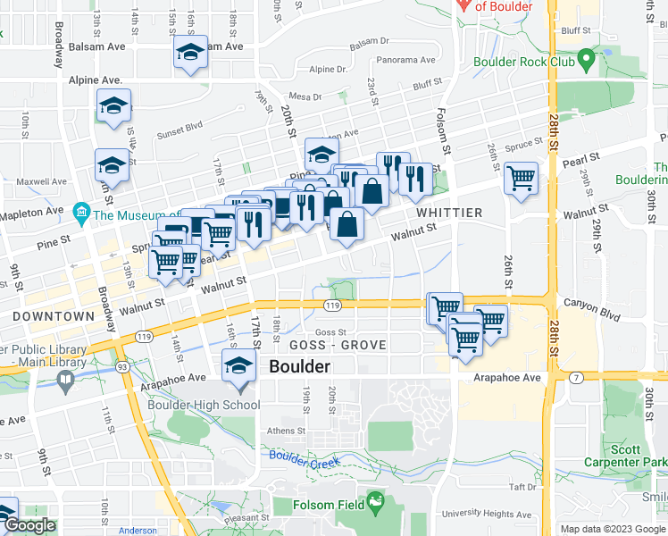 map of restaurants, bars, coffee shops, grocery stores, and more near 1803 Walnut Hollow Lane in Boulder
