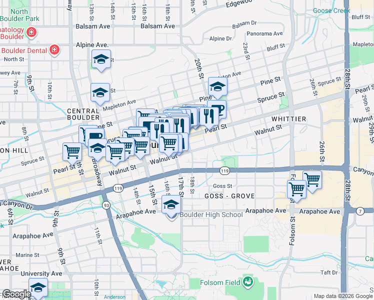 map of restaurants, bars, coffee shops, grocery stores, and more near 1804 Walnut Street in Boulder