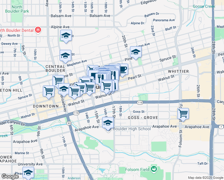 map of restaurants, bars, coffee shops, grocery stores, and more near 1701 Walnut Street in Boulder