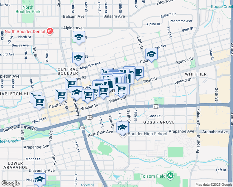 map of restaurants, bars, coffee shops, grocery stores, and more near in Boulder