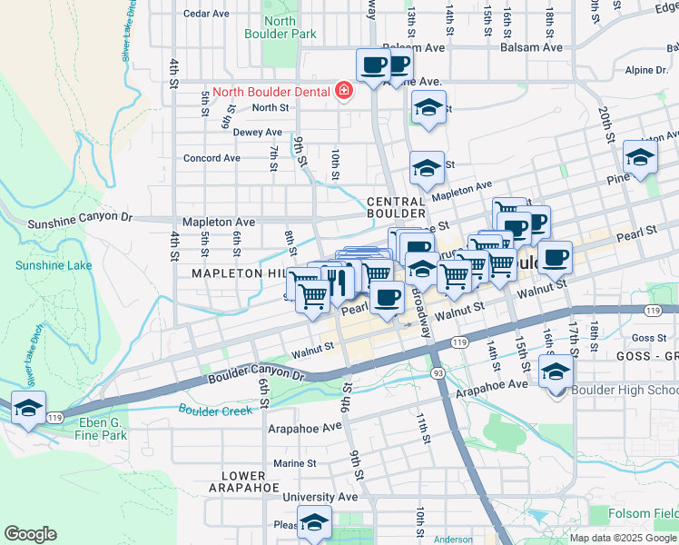 map of restaurants, bars, coffee shops, grocery stores, and more near 934 Spruce Street in Boulder