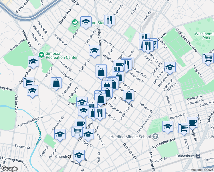 map of restaurants, bars, coffee shops, grocery stores, and more near 4771 Oxford Avenue in Philadelphia