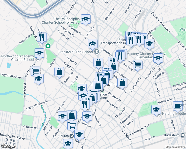 map of restaurants, bars, coffee shops, grocery stores, and more near 4723-25 Leiper Street in Philadelphia