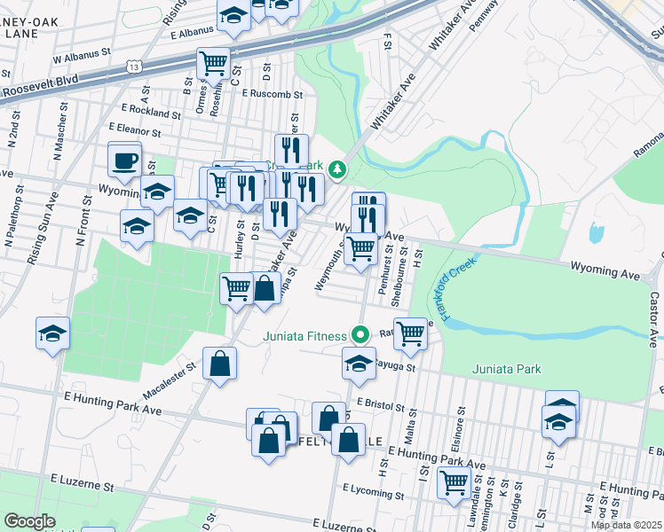 map of restaurants, bars, coffee shops, grocery stores, and more near 601 East Courtland Street in Philadelphia
