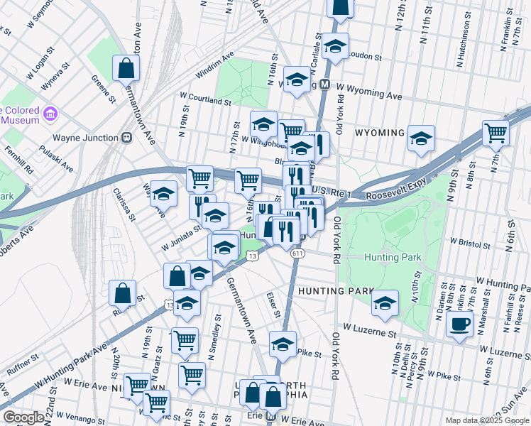 map of restaurants, bars, coffee shops, grocery stores, and more near 4246 North Hicks Street in Philadelphia