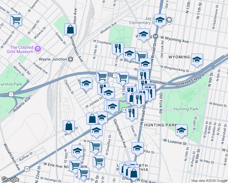 map of restaurants, bars, coffee shops, grocery stores, and more near 1705 West Juniata Street in Philadelphia