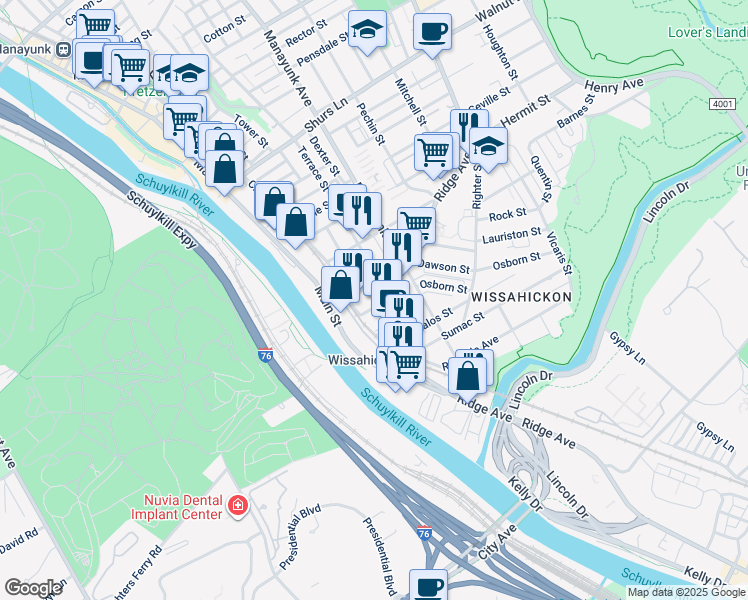 map of restaurants, bars, coffee shops, grocery stores, and more near 128 Vassar Street in Philadelphia