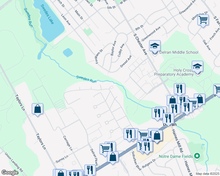 map of restaurants, bars, coffee shops, grocery stores, and more near Lily Court in Delran