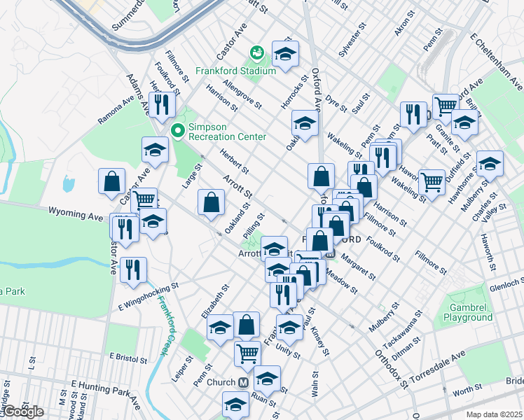 map of restaurants, bars, coffee shops, grocery stores, and more near 1318 Arrott Street in Philadelphia
