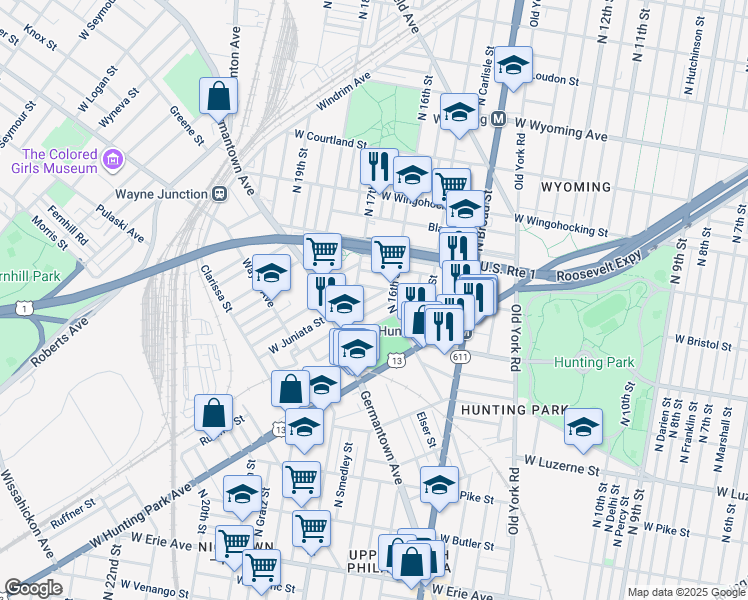 map of restaurants, bars, coffee shops, grocery stores, and more near 1616 West Juniata Street in Philadelphia