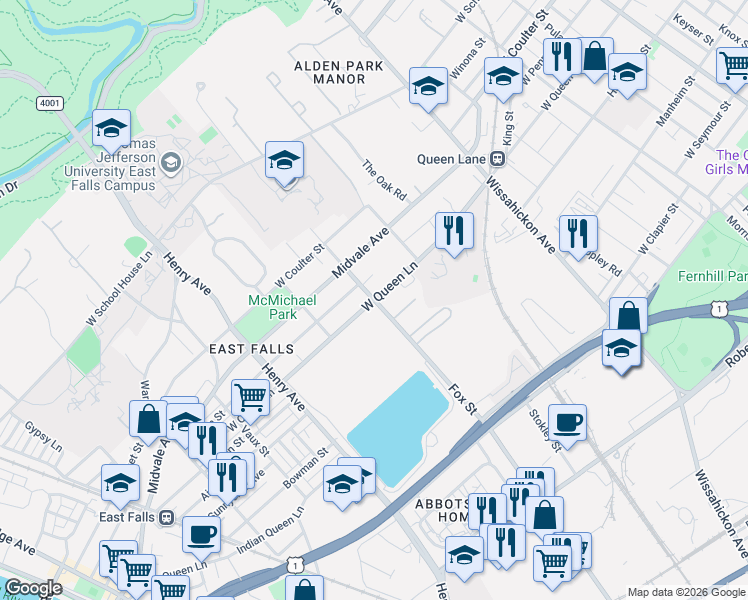 map of restaurants, bars, coffee shops, grocery stores, and more near Fox Street & West Queen Lane in Philadelphia