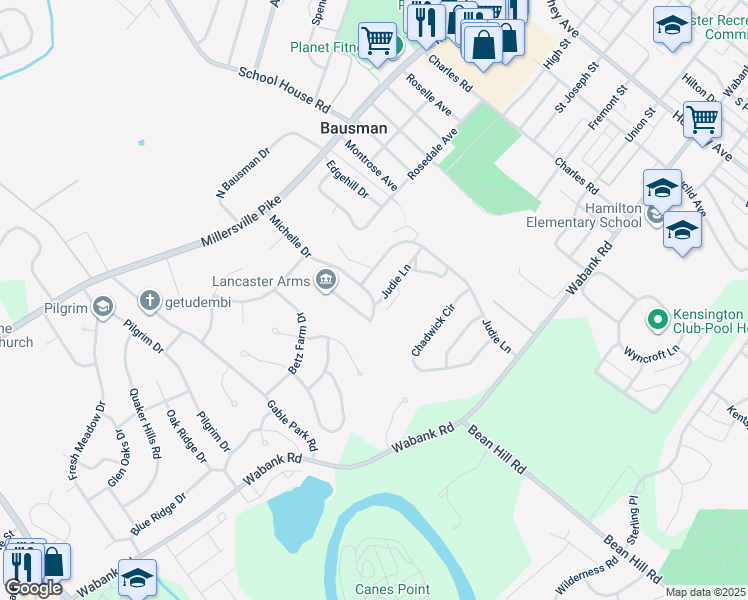map of restaurants, bars, coffee shops, grocery stores, and more near 1630 Judie Lane in Lancaster