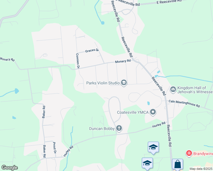map of restaurants, bars, coffee shops, grocery stores, and more near 145 Old Spring Road in Coatesville