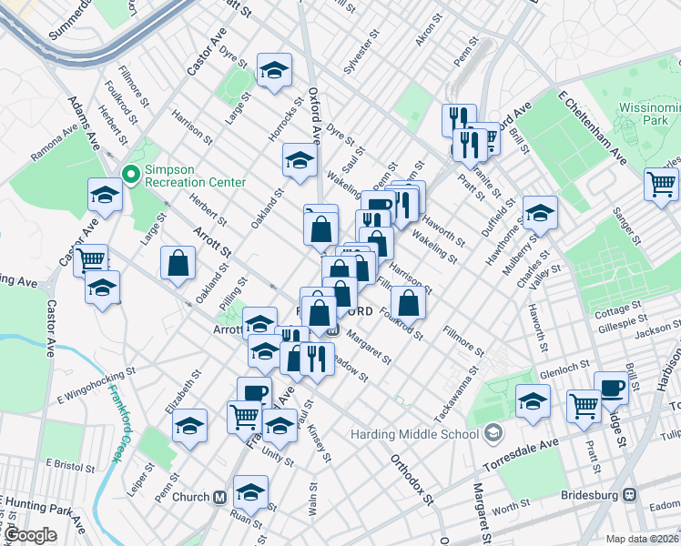 map of restaurants, bars, coffee shops, grocery stores, and more near 4771 Oxford Avenue in Philadelphia