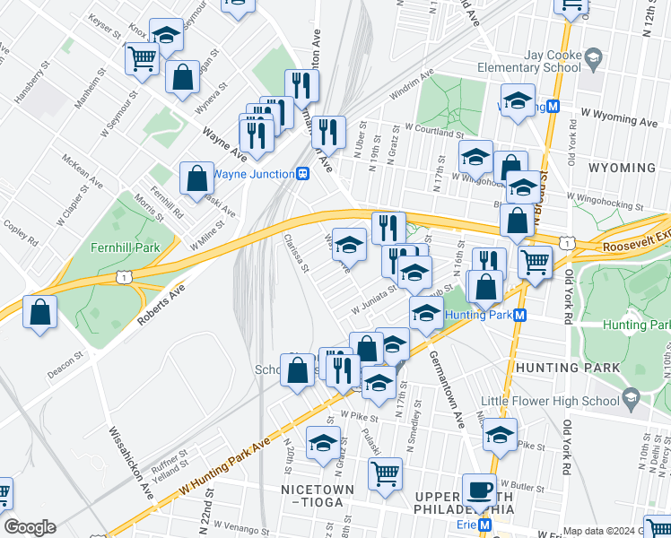 map of restaurants, bars, coffee shops, grocery stores, and more near 1913 Dalkeith Street in Philadelphia