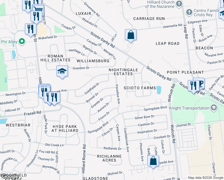 map of restaurants, bars, coffee shops, grocery stores, and more near 5143 Bonner Drive in Hilliard
