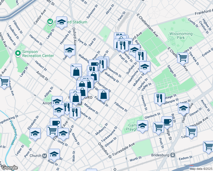map of restaurants, bars, coffee shops, grocery stores, and more near 4919 Darrah Street in Philadelphia