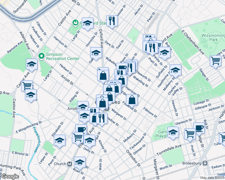 map of restaurants, bars, coffee shops, grocery stores, and more near 4817 Griscom Street in Philadelphia