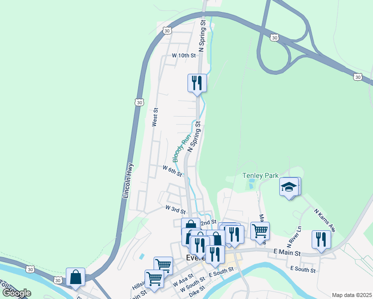 map of restaurants, bars, coffee shops, grocery stores, and more near 652 North Spring Street in Everett