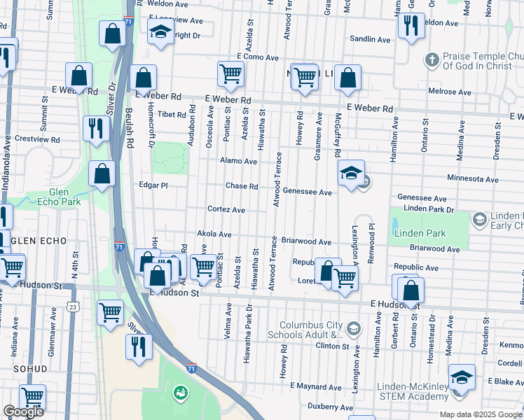 map of restaurants, bars, coffee shops, grocery stores, and more near 2618 Hiawatha Street in Columbus